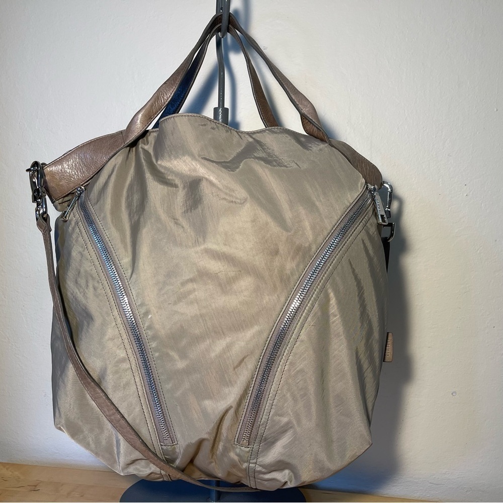 HOBO International Large Nylon Leather Tote Bag Cream Travel Work
